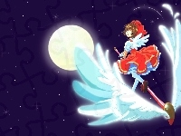 skrzydła, kij, Cardcaptor Sakura, księżyc, kobieta