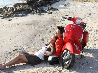 Kamienie, Czerwony, Para, Skuter, Morze, Plaża