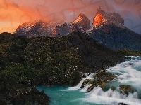 Masyw Torres del Paine, Andy, Wodospad, Chile, Góry, Zachód słońca