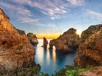 Morze, Portugalia, Ponta da Piedade, Promienie słońca, Cypel, Region Algarve, Skały