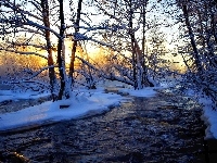 Śnieg, Drzewa, Zachód Słońca, Rzeka