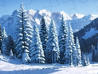 Śnieg, Zima, Drzewa, Grafika, Las, Góry, Promienie słońca
