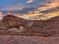 Valley of Fire, Skały, Dolina Ognia, Stany Zjednoczone, Zachód słońca, Piaskowce, Nevada