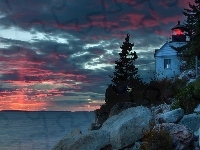 Zachód Słońca, Morska, Maine, Latarnia, Morze, Bass Harbor