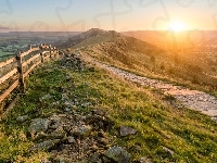 Hrabstwo Derbyshire, Droga, Ogrodzenie, Wschód słońca, Anglia, Park Narodowy Peak District, Kamienie