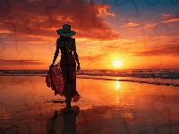 Zachód słońca, Kobieta, Morze, Plaża