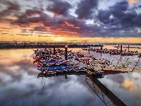 Morze, Portugalia, Laguna Aveiro, Przystań, Kajaki, Rzeka Vouga, Wschód słońca, Miejscowość Averio