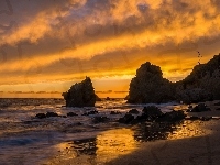 Zachód Słońca, Skały, Kalifornia, Morze, Plaża, El Matador