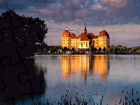Pałac, Słońca, Moritzburg, Zachód, Jezioro, Na Wodzie