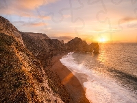 Durdle Door, Wschód słońca, Łuk wapienny, Hrabstwo Dorset, Morze, Skała, Anglia, Wybrzeże Jurajskie