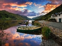 Walia, Łódki, Domy, Zachód słońca, Góry, Wielka Brytania, Jezioro Tal-y-llyn Lake, Droga