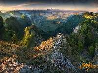 Trawa, Mgła, Wschód słońca, Góry, Las, Skały