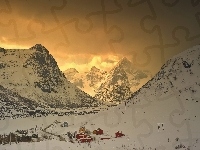Słońca, Śnieg, Góry, Zachód, Domy