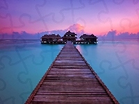 Zachód Słońca, Morze, Tropiki, Malediwy, Molo, Hoteliki