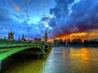 Zachód Słońca, Rzeka, Anglia, Most, Chmury, Londyn