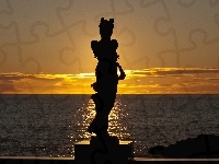 Słońca, Posąg, Morze, Zachód, Kobieta
