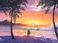 Słońca, Plaża, Palmy, Morze, Zachód, Zakochani