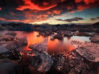 Zachód słońca, Lód, Islandia, Jezioro Jokulsarlon, Zima