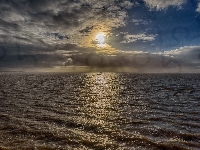 Słońce, Ocean, Fale, Statek
