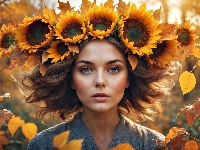 Kobieta, Słoneczniki, Kwiaty, Grafika, Liście
