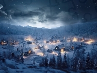 Góry, Niebo, Drzewa, Domy, Światła, Wieczór, Zima, Śnieg