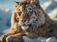 Głowa, Leżący, Tygrys, Śnieg