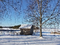 Śnieg, Jezioro, Zima, Drzewa, Dom, Tallberg, Szwecja, Pomost, Szopa