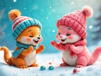 Czapki, Pomarańczowy, Zwierzątka, Śnieg, Dwa, Różowy, Szaliki