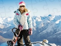Snowboardowa, Zima, Dziewczyna, Deska, Góry
