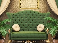 Sofa, Salon, Zielona, Paprocie