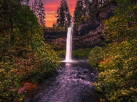 Wodospad, Oregon, Stany Zjednoczone, Park stanowy, South Falls, Zachód słońca, Skały, Silver Falls State Park, Drzewa