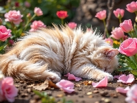 Kot, Śpiący, Puszysty, Tulipany, Kwiaty