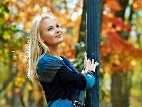Spojrzenie, Kobieta, Park, Piękna, Blondynka, Jesień