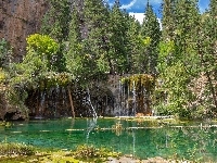 Stan Kolorado, Zieleń, Drzewa, Glenwood Canyon, Wodospady, Stany Zjednoczone, Jezioro Hanging Lake, Skały