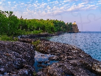 Skały, Stany Zjednoczone, Klif, Drzewa, Split Rock, Stan Minnesota, Jezioro, Wybrzeże, Latarnia morska, Upper Lake