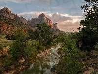 Stan Utah, Góry Watchman, Drzewa, Park Narodowy Zion, Rzeka Virgin River, Stany Zjednoczone