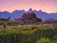 Ogrodzenie, Trawa, Drzewa, Wyoming, Park Narodowy Grand Teton, Chata, Stany Zjednoczone, Góry