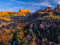 Drzewa, Góry, Jesień, Skały, Kanion, Arizona, Stany Zjednoczone, Kolorowe, Creek Canyon
