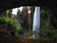 Drzewa, Jaskinia, Skały, Wodospad, Rośliny, Oregon, Stany Zjednoczone, Silver Waterfall, Słońce