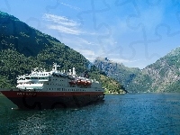 Statek, Norwegia, Jezioro, Góry, Geiranger