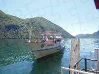 Statek, Lugano, Góry, Gandria, Szwajcaria, Woda