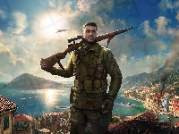 Statki, Dym, Samolot, Żołnierz, Karabin, Słońce, Sniper Elite 4, Miasto