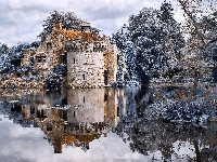 Staw, Dworek Scotney, Anglia, Szron, Hrabstwo Kent, Scotney Castle, Zima