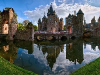Staw, Odbicie, Most, Haarzuilens, Zamek, Wieża, Holandia, Castle De Haar