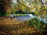 Staw, Liście, Jesień, Park, Ławka