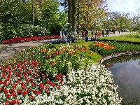 Kwiatowe, Park, Wiosna, Staw, Spacerowicze, Rabaty