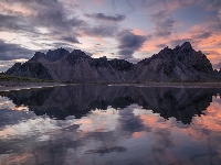 Odbicie, Poranek, Morze, Islandia, Vestrahorn, Góry, Plaża Stokksnes