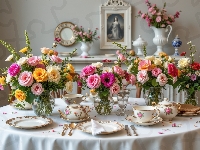 Zastawa, Bukiety, Szklane, Stół, Wazony, Kwiaty, Porcelana