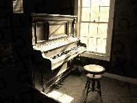 Pianino, Stołek, Słońce, Zakurzone, Instrument, Stare, Okno