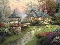 Studnia, Thomas Kinkade, Ogród, Dworek, Obraz